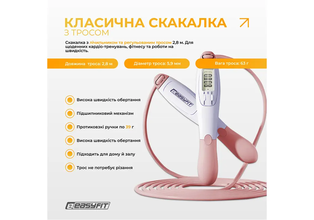 Скакалка без шнура EasyFit TwinRope з лічильником 2,8 м білий-рожевий (EF-1909-WP) - фото 2