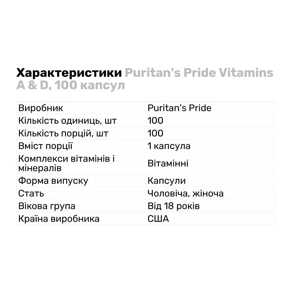 Витамины и минералы Puritan's Pride Vitamins A & D 100 капсул - фото 2