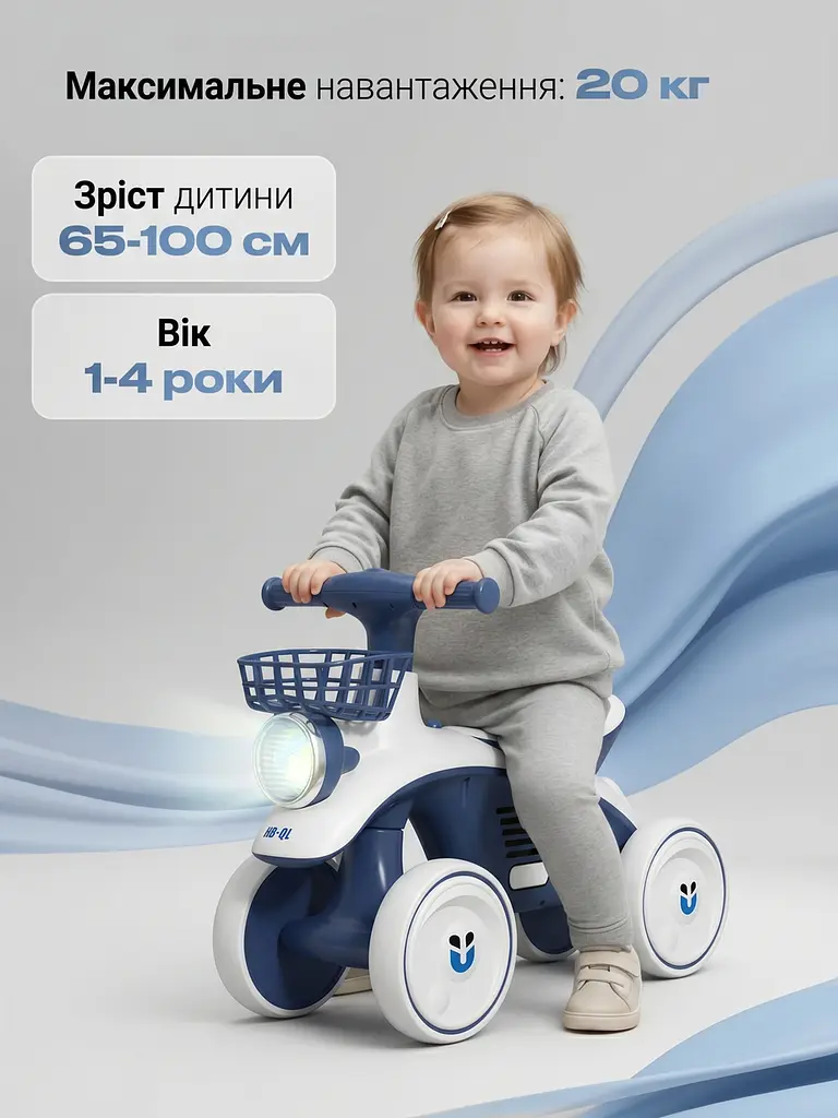 Біговел 4-колісний з безшумними колесами кошиком музикою та LED-фарою 60х47 см для дітей 1-4 років Синій (36552375) - фото 5