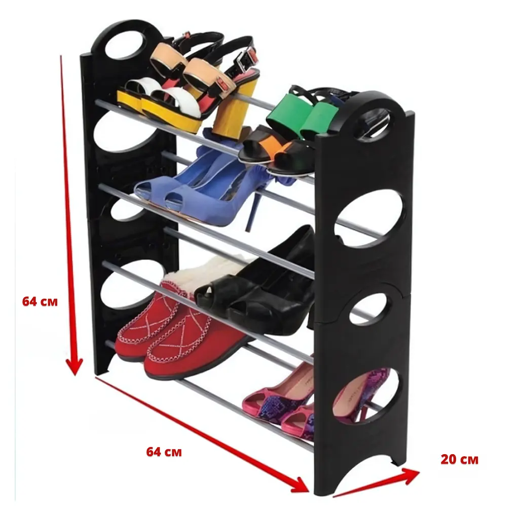 Полиця органайзер для взуття в передпокій Shoe Rack на 4 яруси, комбінація металу з пластиком, чорна (57198011) - фото 9