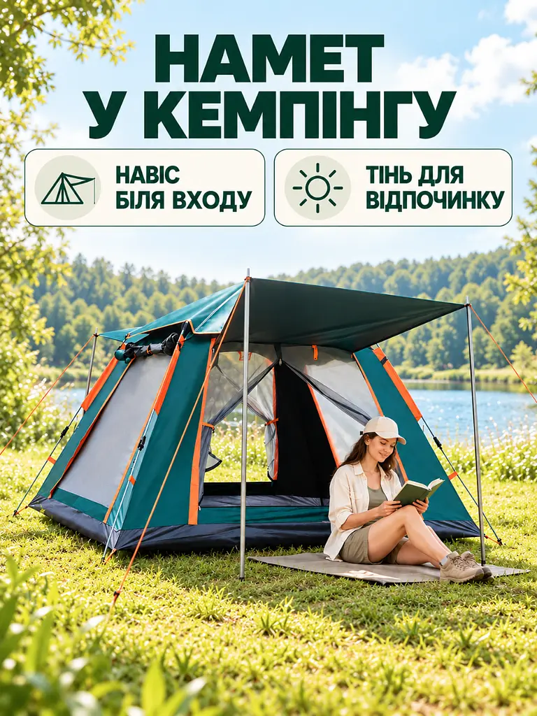 Автоматичний намет 4-місний 210х210х145 см для кемпінгу зелений (37261158) - фото 9