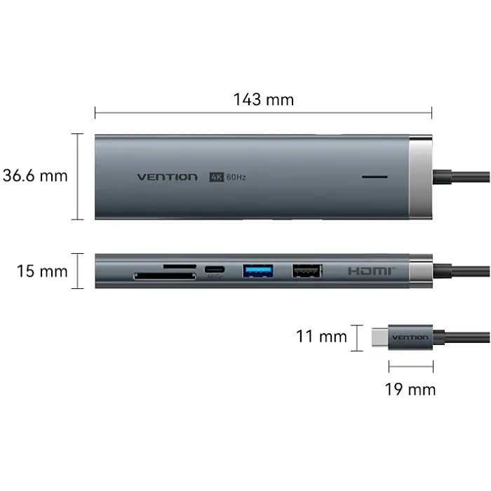 Док-станція USB3.2 Type-C --> HDMI 60Hz/USB 3.0x2/RJ45/SD/TF/3.5mm/PD 100W Hub 9-in-1 Vention - фото 2