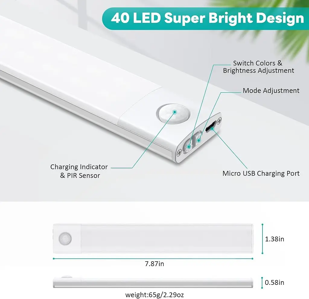Кухонні світильники Forepin Under Cabinet, 3 шт. 40 світлодіодів з датчиком руху з магнітною смугою 20 см USB - фото 5