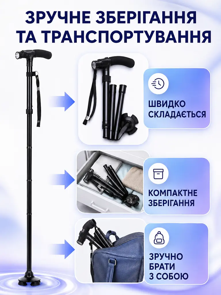 Тростина складна телескопічна з ліхтариком і потрійною опорою 84–94 см чорна (49676039) - фото 5