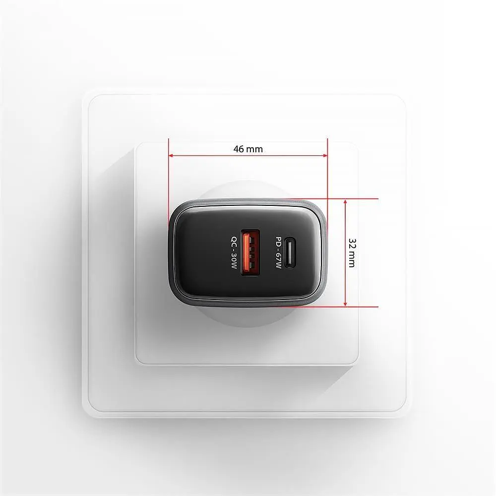 Мережевий зарядний пристрій з дисплеєм AXAGON ACU-PQ67D, 2x port (USB + USB-C), PD3.0/QC4+/PPS/Apple, 67W, сірий - фото 2