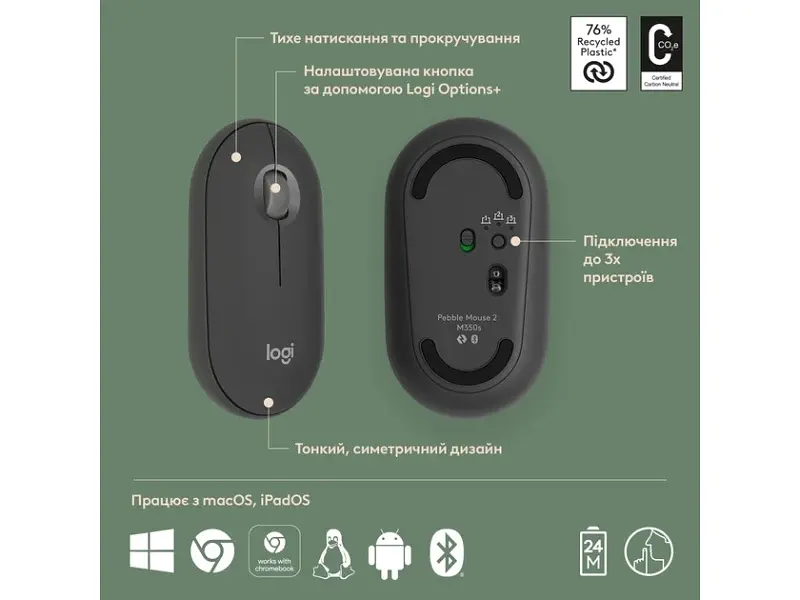 Миша Logitech Pebble M350s Tonal Graphite (910-007015) - фото 3