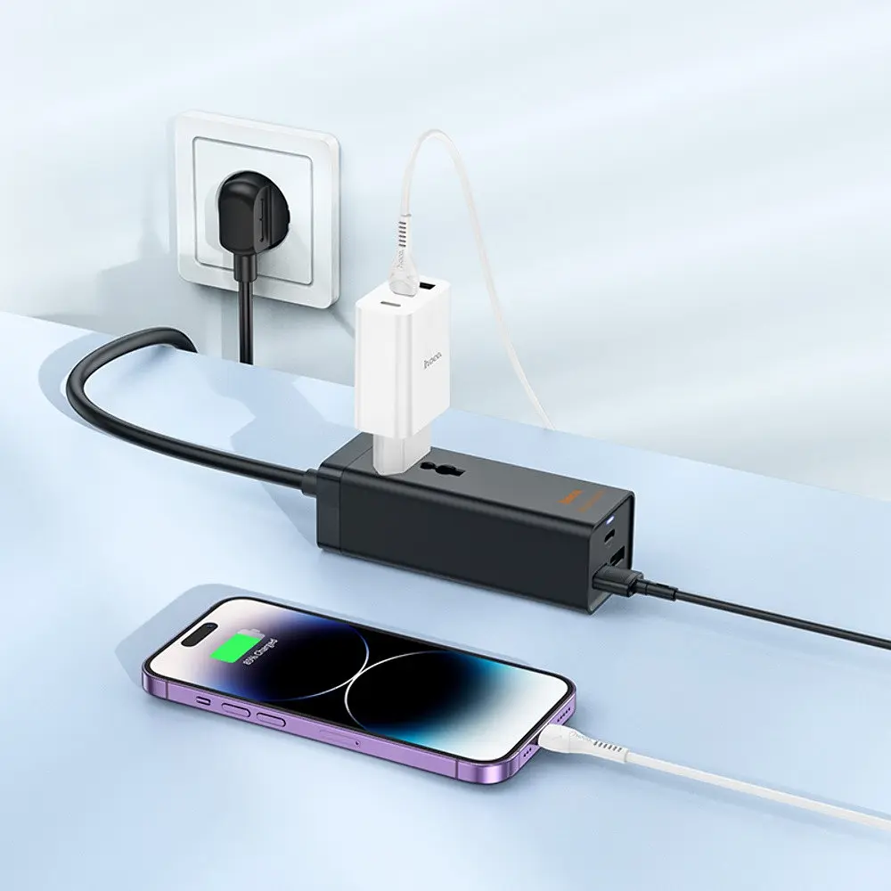 Мережевий зарядний пристрій подовжувач Hoco AC9A 2 USB/Type-C PD QC 30W 1 розетка 1.5m чорний - фото 2