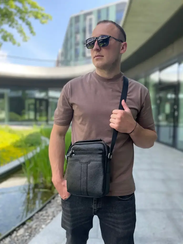Чоловіча шкіряна сумка-месенджер 21х25х6, барсетка через плече Tiding Bag A25-3278A Чорна 210 мм - фото 6