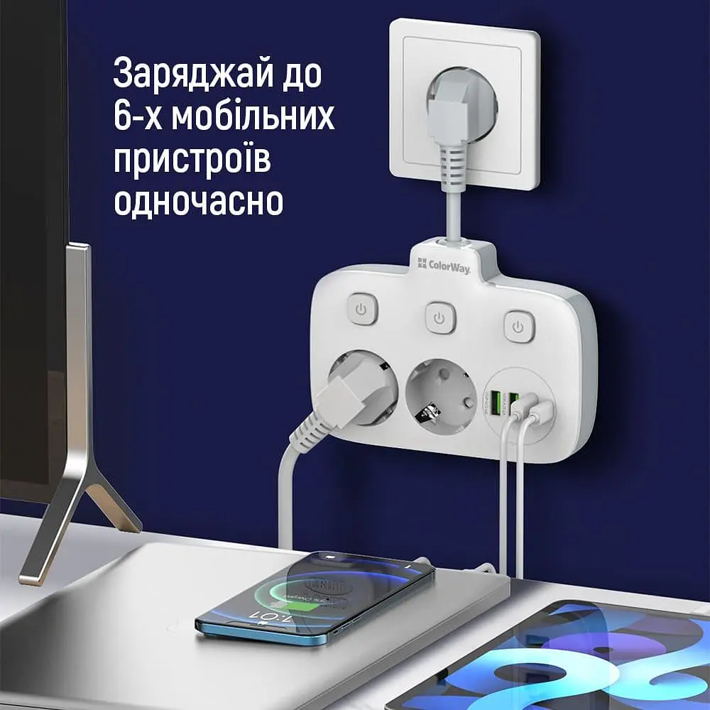 Мережевий фільтр ColorWay olorWay 2x220V/3xUSB-A/1xUSB-C (CW-CHE24PDW) - фото 10