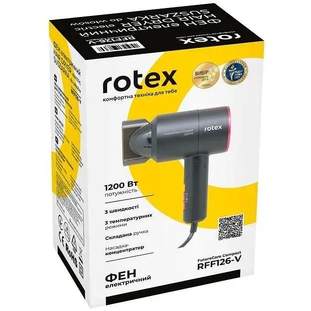 Фен для волосся Rotex RFF126-V Future Care Compact з концентратором 1200 Вт Чорний  - фото 2