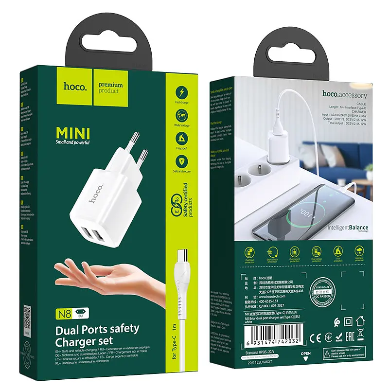 Комплект Адаптер мережевий HOCO Type-C Cable Briar dual port charger set N8 2USB білий - фото 8