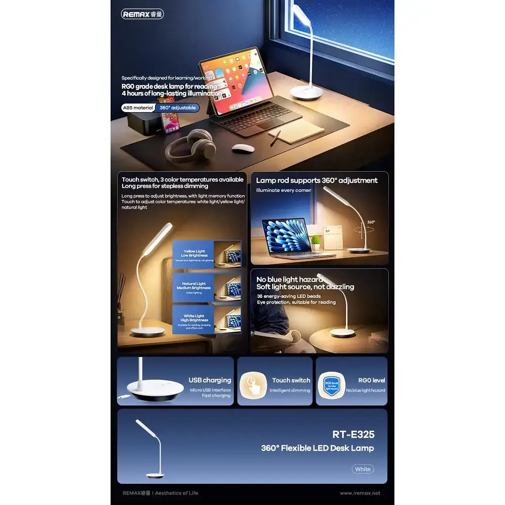 Лампа настольная Remax RT-E325 360 Flexible Portable Eye-caring LED Desk Lamp - фото 3