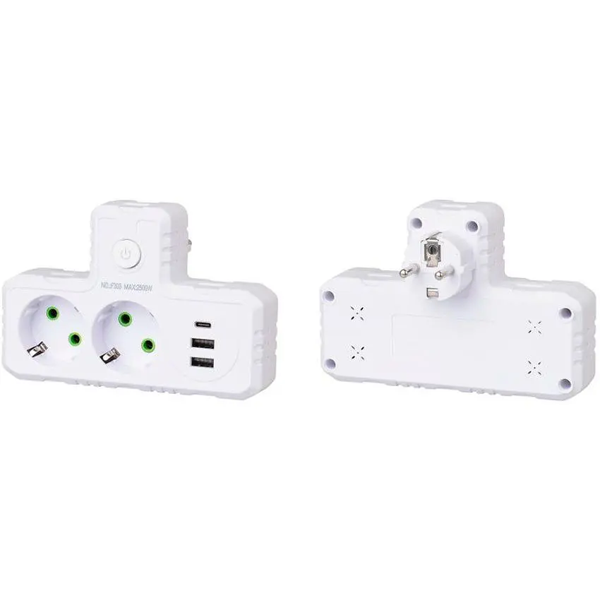 Розетка-измельчение с заземлением Voltronic F-303 White, 2 розетки + 3 USB(1 А) + Type-C, 2500 W, 10A, 220V - фото 3