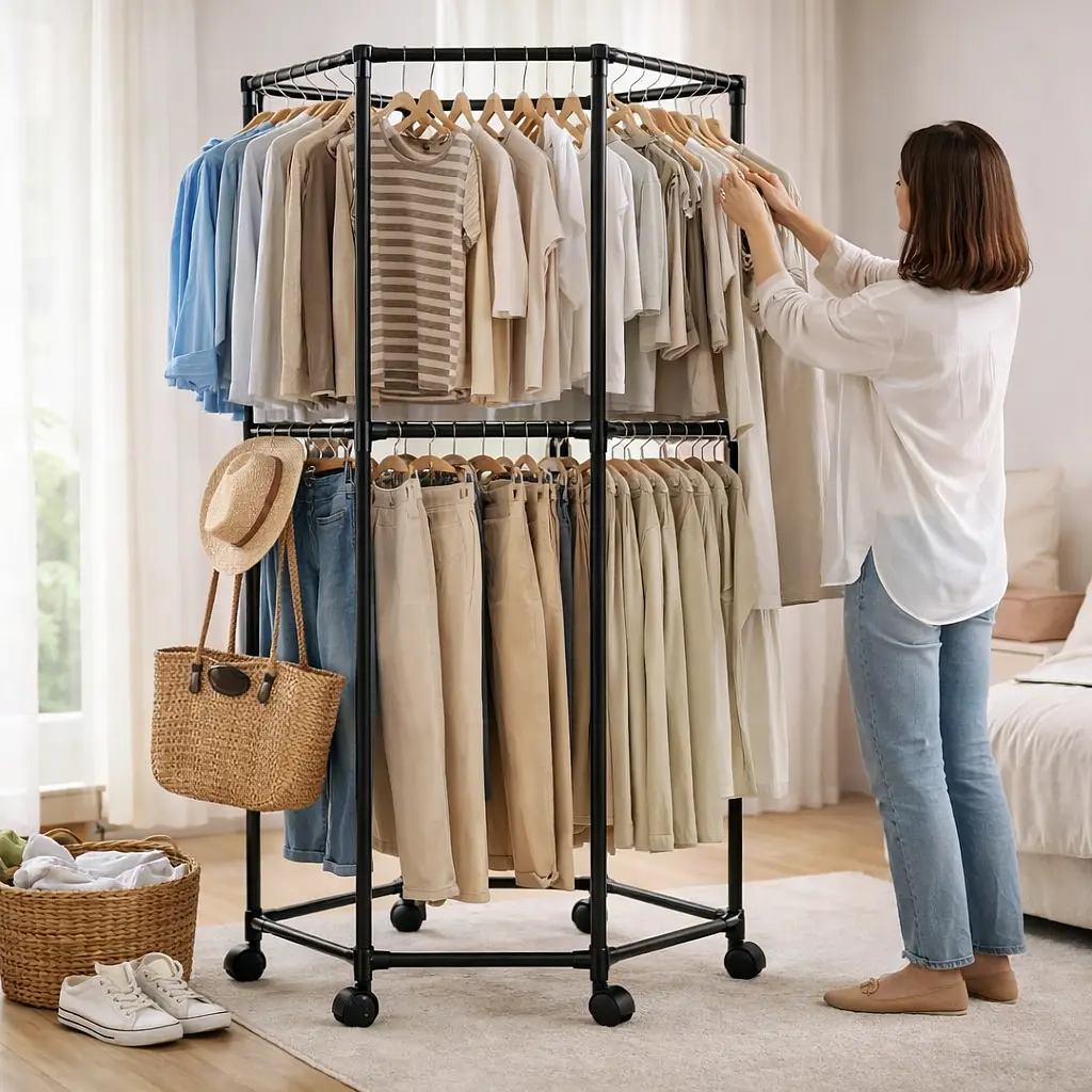 Підлогова шестикутна вішалка для одягу дворівнева з поворотом на 360°, 175х70 см, Чорний YSM3601-2 - фото 4