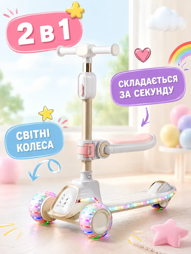 Дитячий самокат триколісний 2в1 білий із сидінням підсвічуванням коліс і музикою (49675958) - фото 3