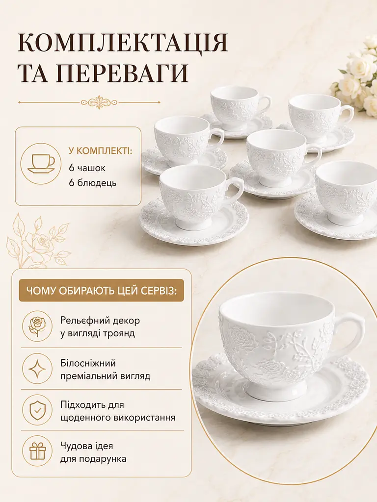 Чайний сервіз з порцеляни 12 предметів на 6 персон для дому білий (37261975) - фото 5