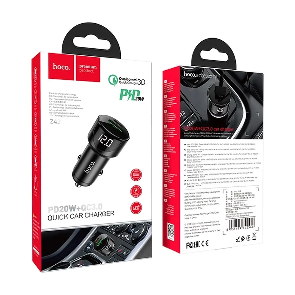 Зарядний пристрій HOCO 1xUSB-C PD20W + 1xUSB QC3.0 car adapter Z42 black (6931474742544) - фото 5