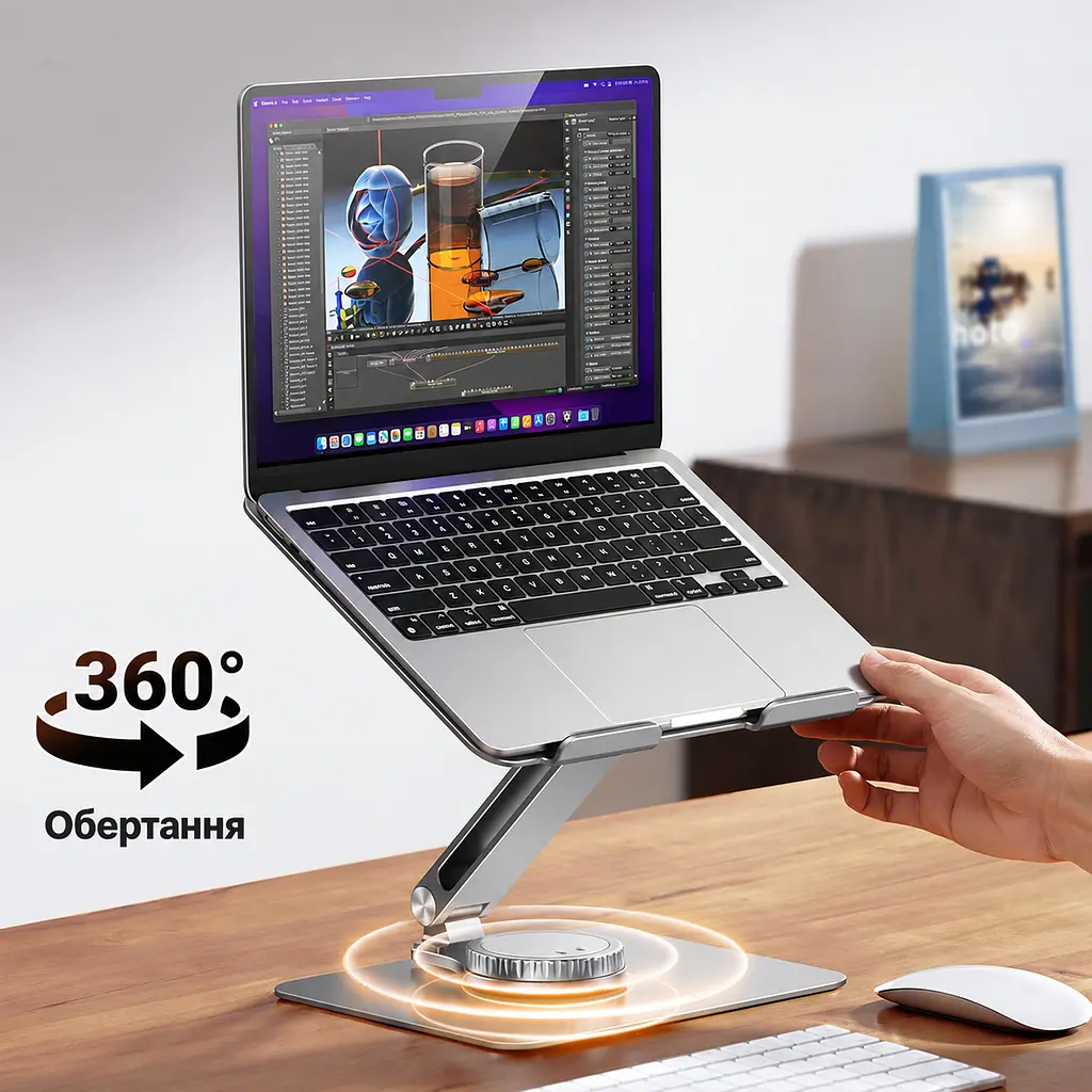 Складная подставка для ноутбука UGREEN LP592 для ноутбуков до 17,3 дюйма с максимальной нагрузкой 11 фунтов с вращением на 360° с регулировкой высоты и наклона с фиксацией поворота с отверстиями для вентиляции космический серый (90849) - фото 5
