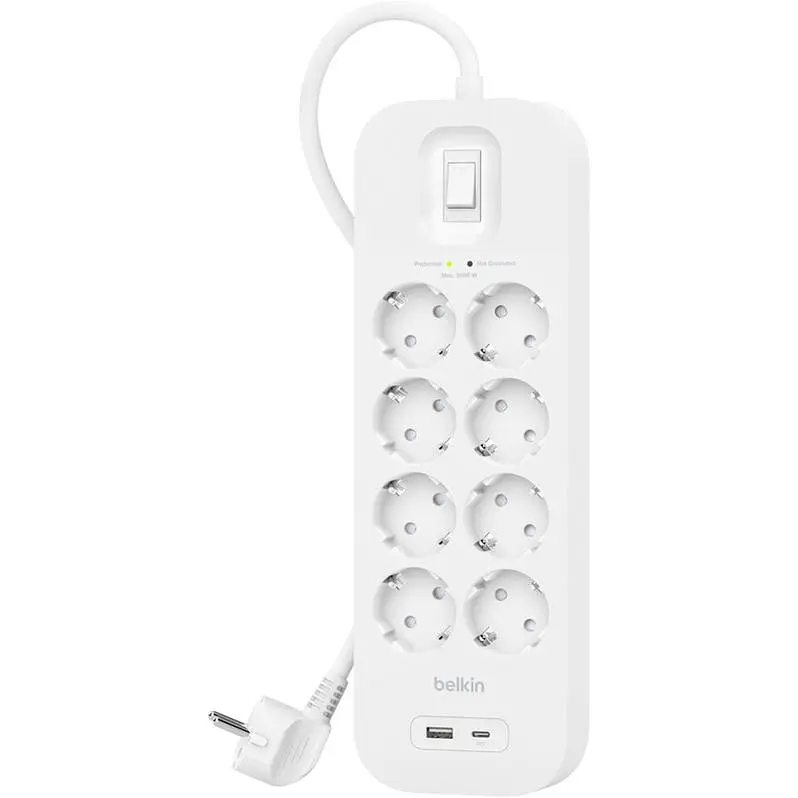 Підовжувач-фільтр Belkin мережевий 8хТип F, 3x1.5 мм кв, 16 А, USB-A/USB-C 18 Вт, з захистом від перенапруги, 2 м, білий - фото 2