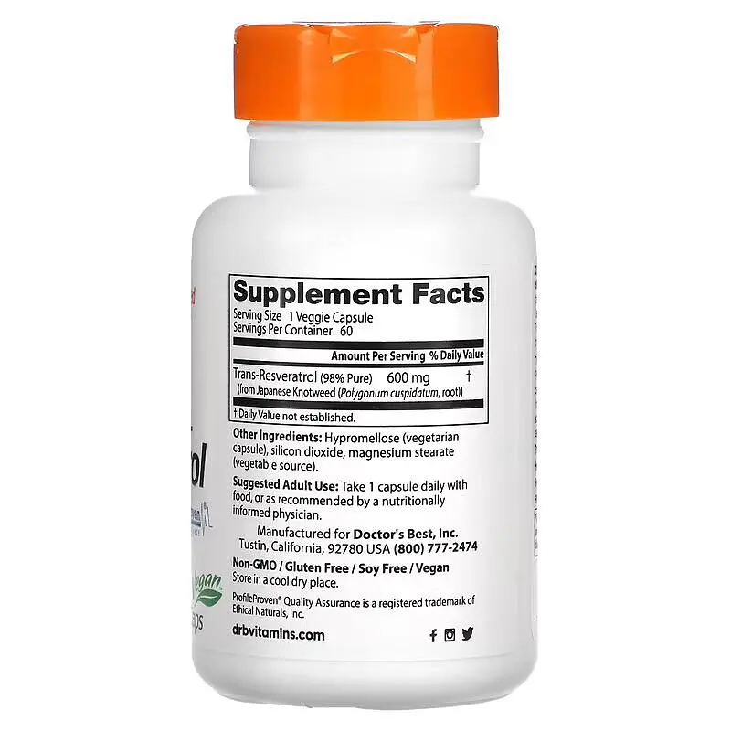 Транс-ресвератрол Doctor's Best Trans-Resveratrol 600 mg, 60 вегакапсул для підтримки серцево-судинної системи - фото 2
