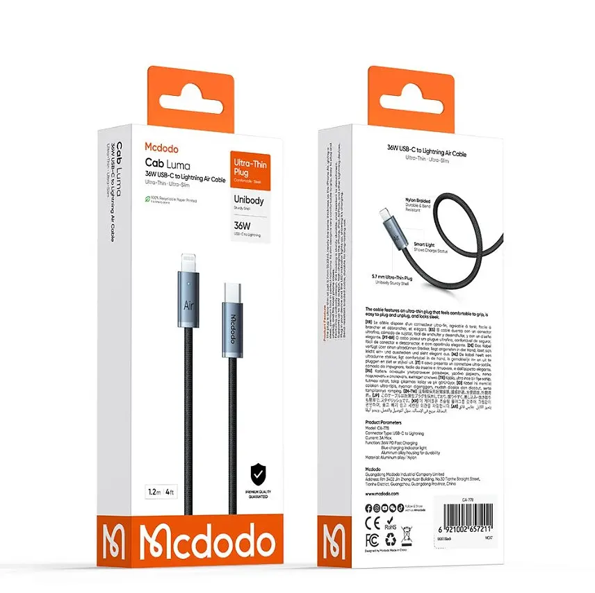 Кабель McDodo 36W USB-C to Lightning Cable 1.2m with Light (CA-7780) Чорний - фото 2