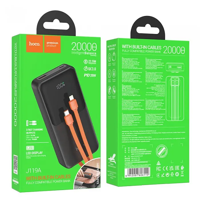 Павербанк 20000 mAh чорний зі швидким заряджанням батарея заряджання зовнішній акумулятор Power bank HOCO J119A PD22,5W - фото 6