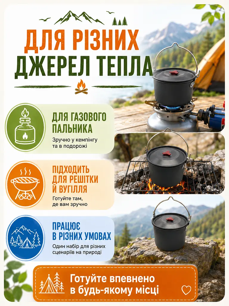 Набір посуду для кемпінгу 15 предметів алюмінієвий з чайником і чохлом для пікніка (49675915) - фото 7