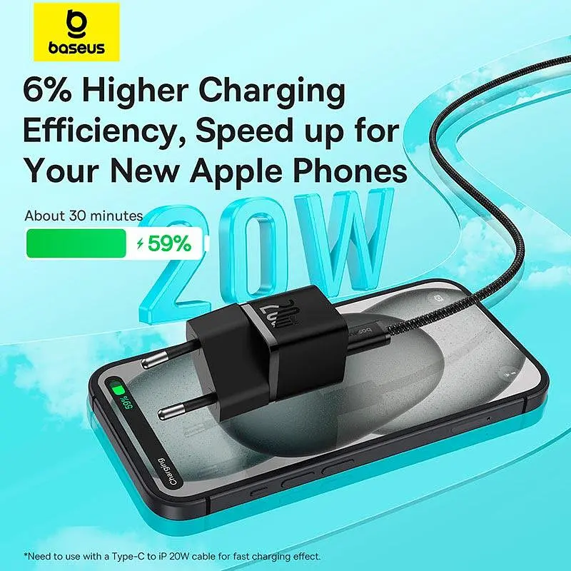 Адаптер мережевий Baseus GaN5 Fast Charger (mini) |1Type-C, 20W/3A, PD/QC| (With C to C 100W 1m cable) - фото 3