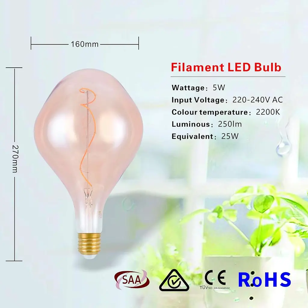 SD LUX E27 Урожайные светодиодные лампы 5W Large Sprial XXL A165 Янтарный стеклянный подвесной светильник - фото 3