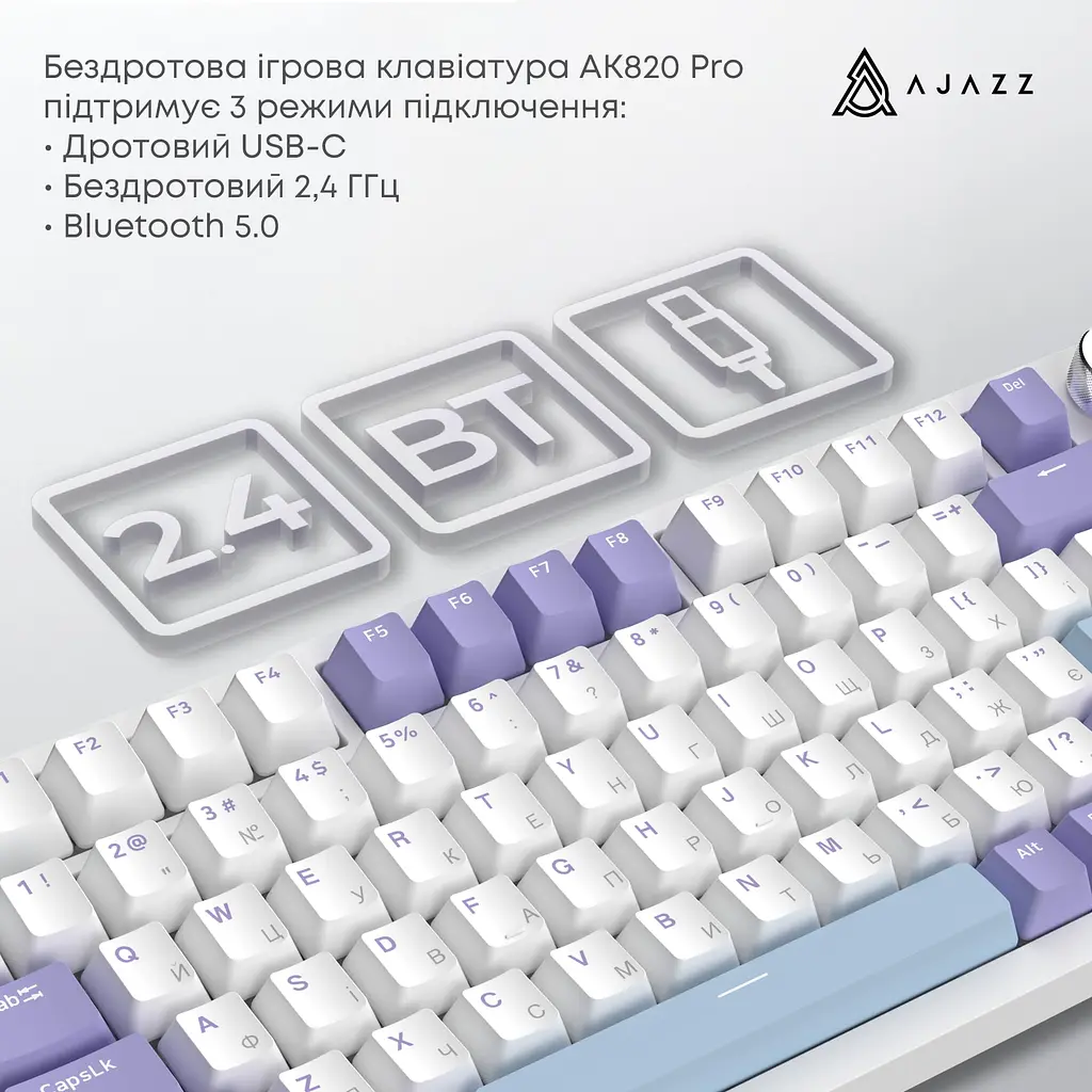Беспроводная клавиатура Ajazz AK820 Pro Flying Fish Switch Purple RGB With Screen (AK820PRO-FF-PWB) - фото 8