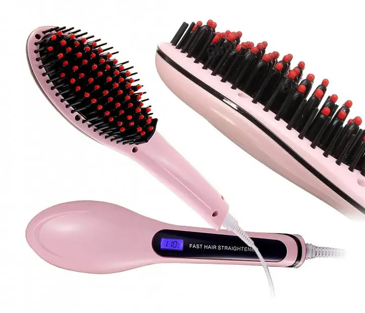 Гребінець випрямляч для волосся з підігрівом та Led дисплеєм Fast Hair Straightener рожевий - фото 3