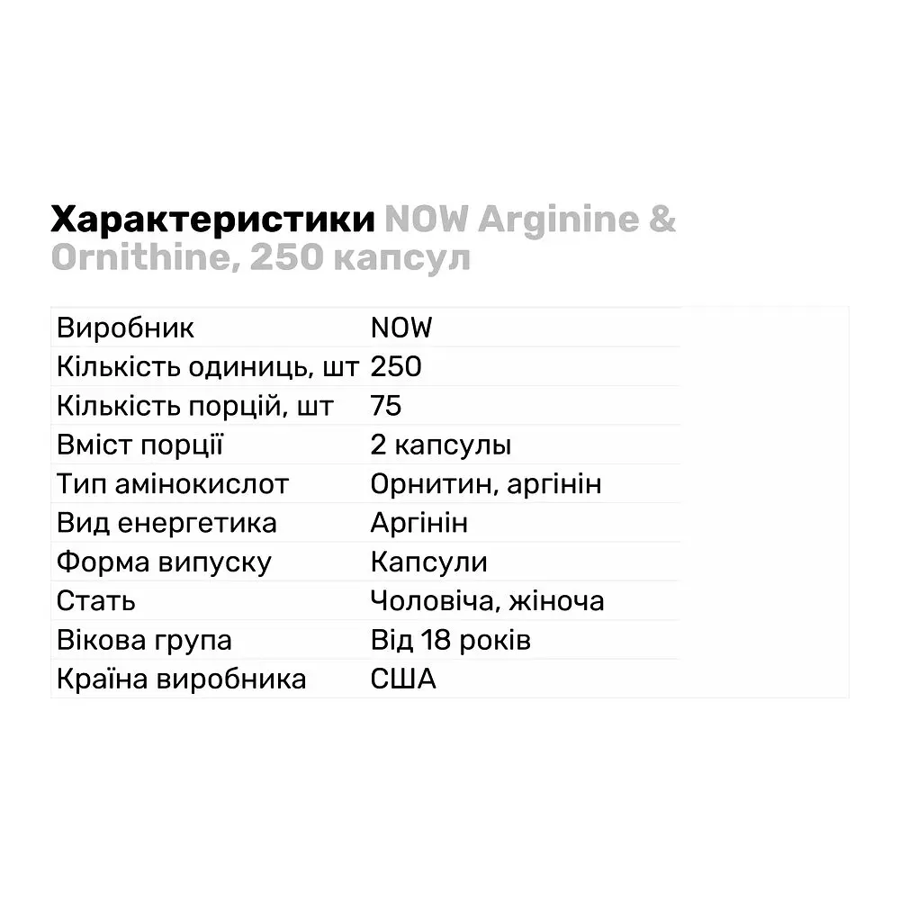Амінокислота Now Sports Arginine and Ornithine 250 капсул - фото 2