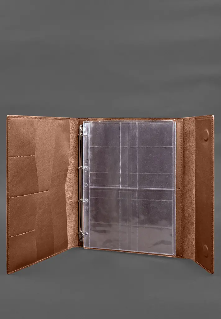 Кожаная папка для документов "Семейная" А4 на сегрегаторе с файлами светло-коричневая - фото 3