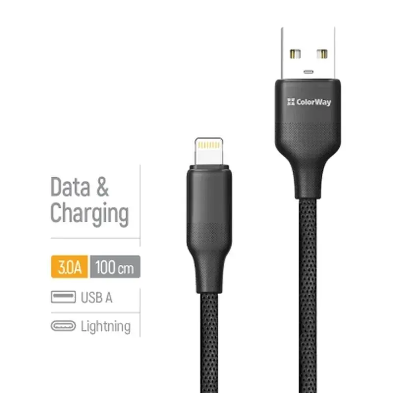 Дата кабель USB 2.0 AM to Lightning 1.0m 3A TPE embossed black ColorWay (CW-CBUL101-BK) - фото 4