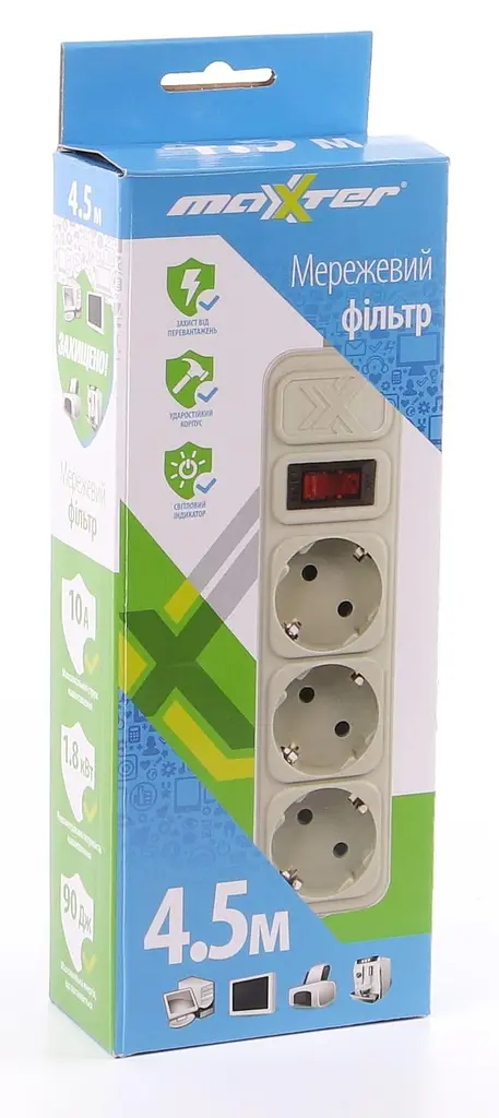 Сетевой фильтр Maxxter 3 розетки, 4.5м, белый (SPM3-G-15G) - фото 2