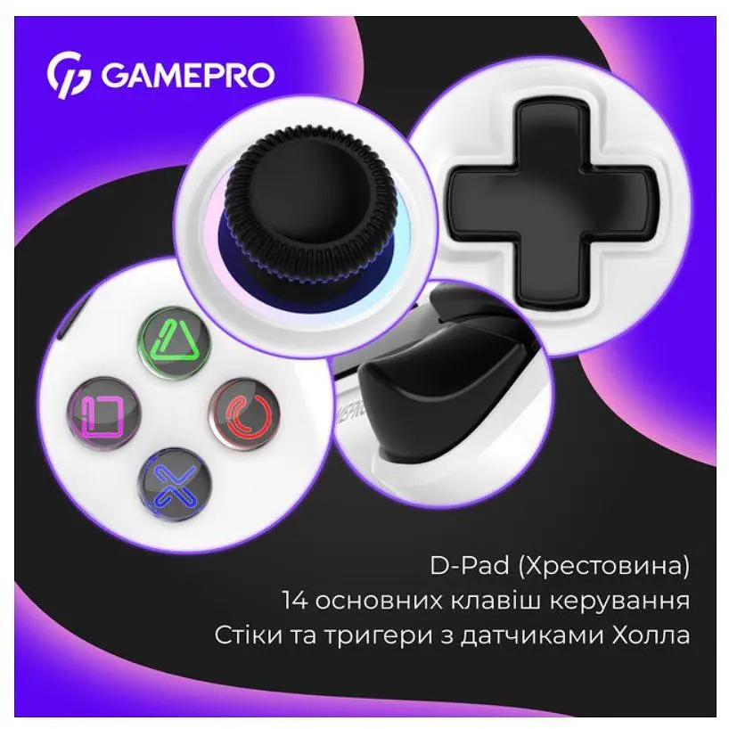 Геймпад Bluetooth джойстик GamePro GPS-13W Bluetooth 5.3/USB (PC/iOS/Android/PS3/PS4) RGB White - фото 14