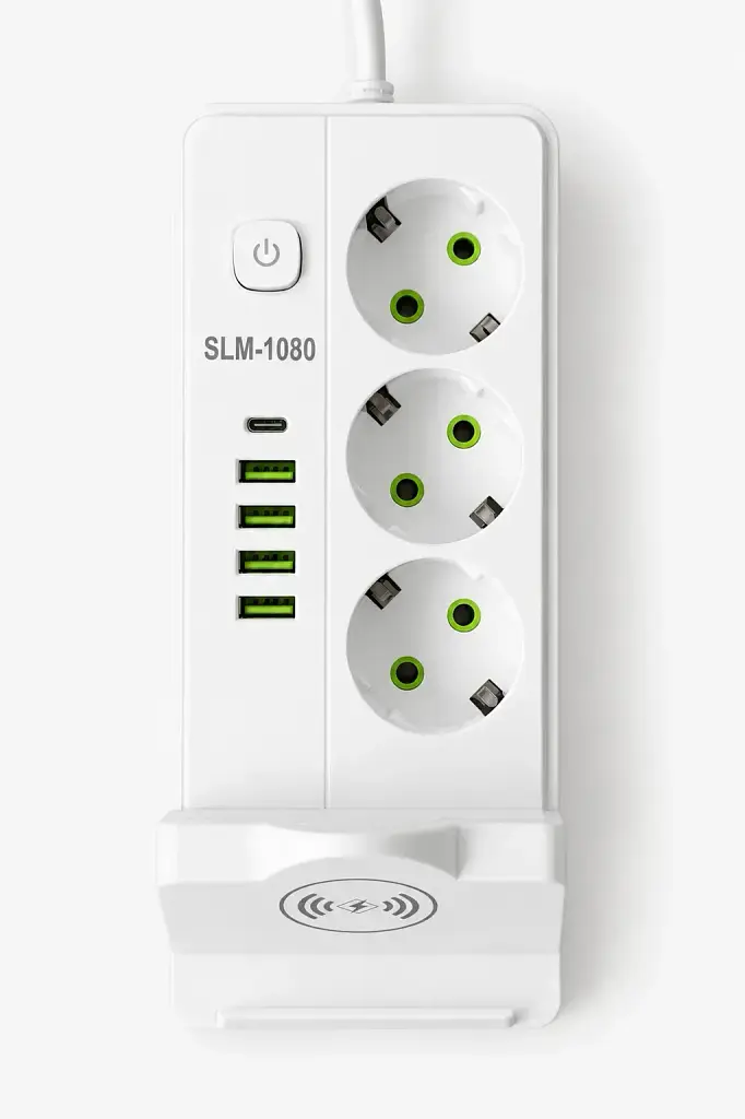 Мережевий фільтр SLM-1080 7 м 2500W з 3 розетками, 4 USB, USB-C та бездротовою зарядкою, білий - фото 2