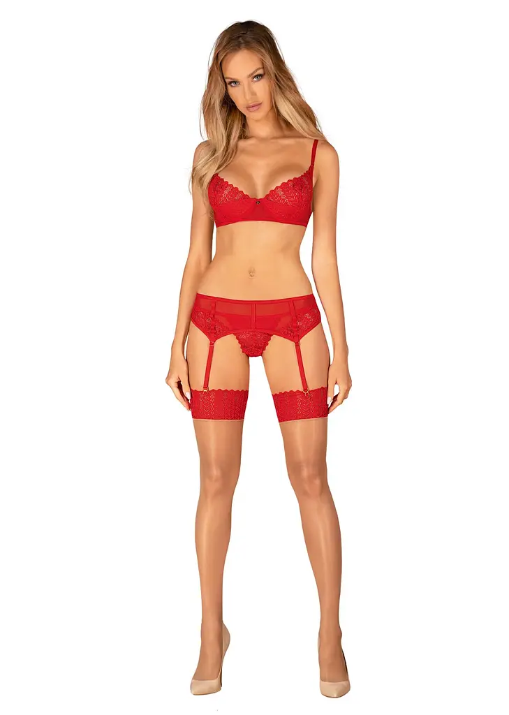 Комплект Obsessive Ingridia 3-pcs set XL/2XL, червоний, бюстгальтер, стрінги, пояс - фото 6