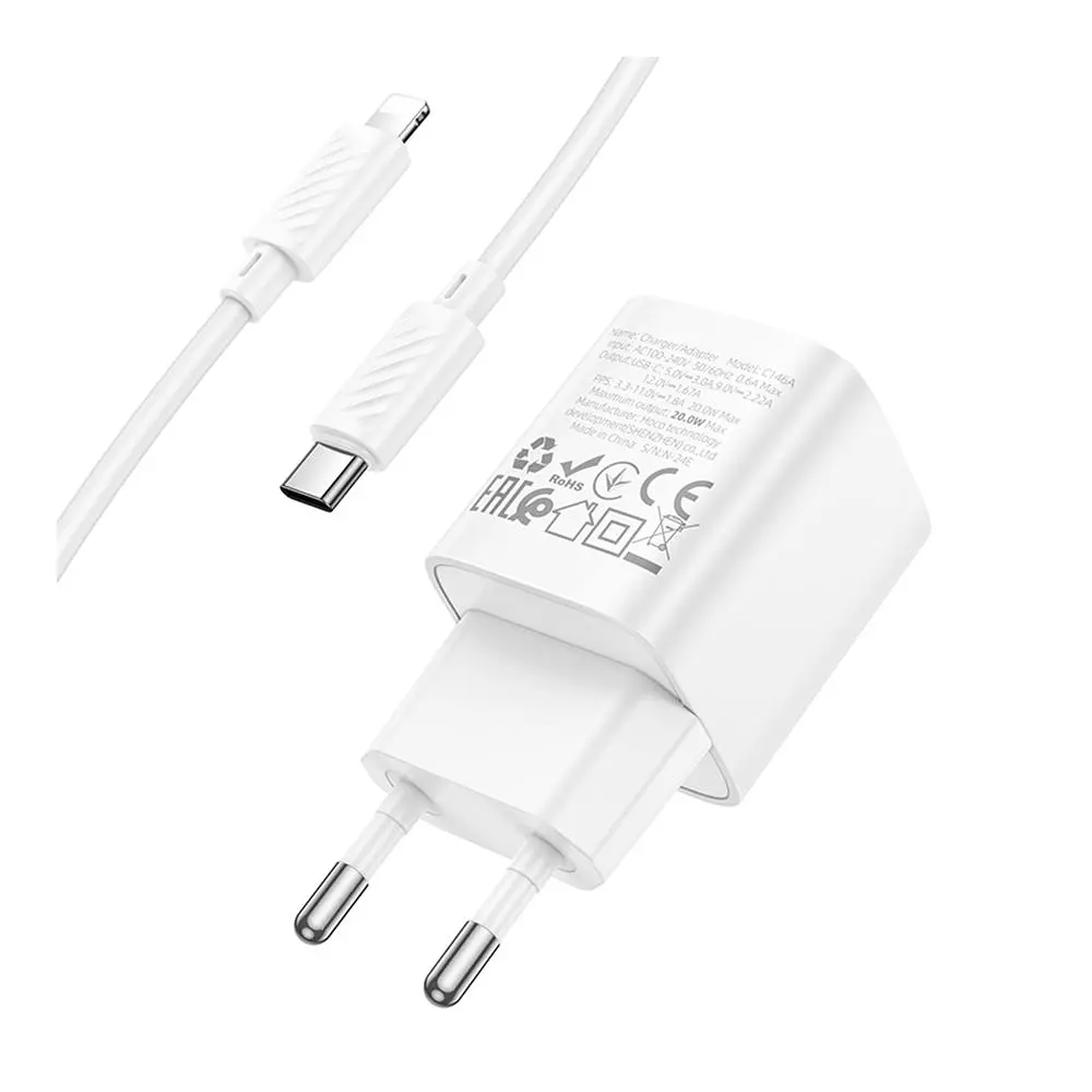 Зарядний комплект Hoco C146A Mini Charger 1USB-C PD/QC 20W 5V/3A Type-C to Lightning 1 м White (35278_3345664) - фото 7