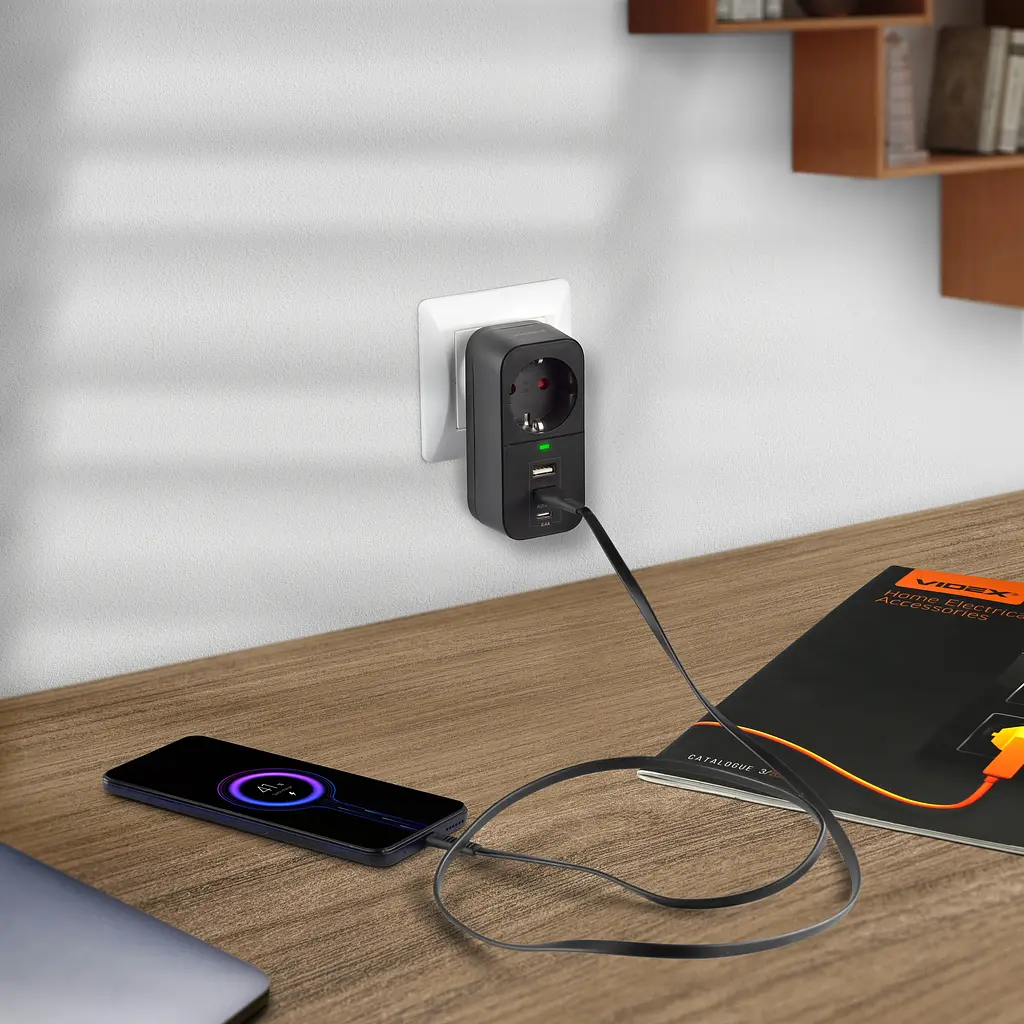 Мережевий адаптер VIDEX ONCORD з/з 1п 2.4A 2USB+USB-C Black VIDEX (27698-000) - фото 7