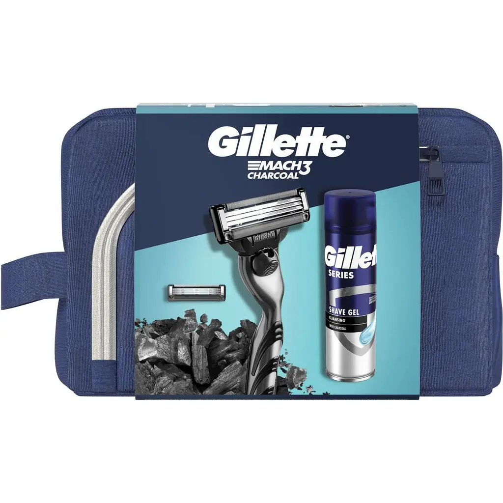Подарунковий набір: Станок для гоління чоловічий Gillette Mach3 Charcoal з 2 змінними картриджами + Гель для гоління Gillette Series Очищаючий з вугіллям 200 мл + Косметичка - фото 2