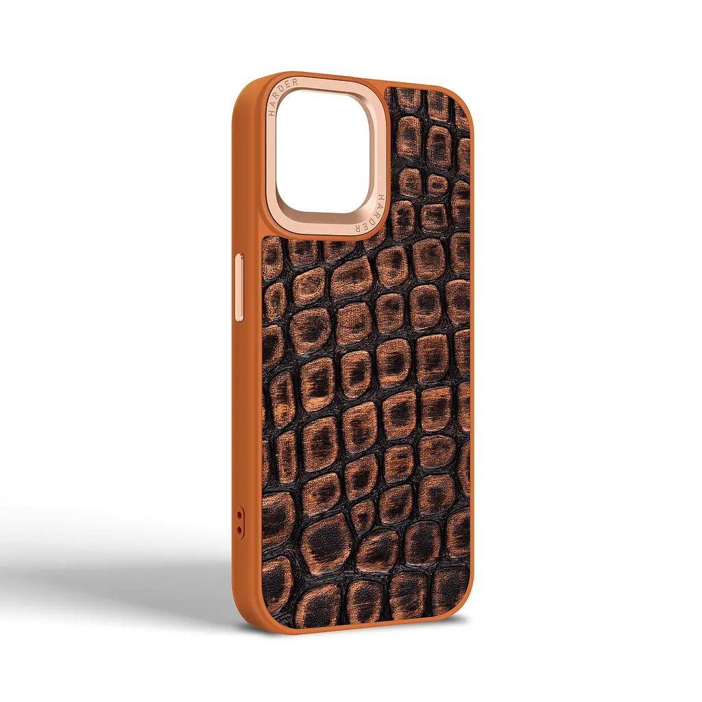 Кожаный чехол для Apple iPhone 15, Harder Kaiju Skin, оранжевый, термополіуретан ТПУ + экокожа с эффектом фактуры монстра, панель, защита корпуса, противоударный, микрофибра, рамка вокру камеры, защита всего корпуса, (ARM76837) - фото 2