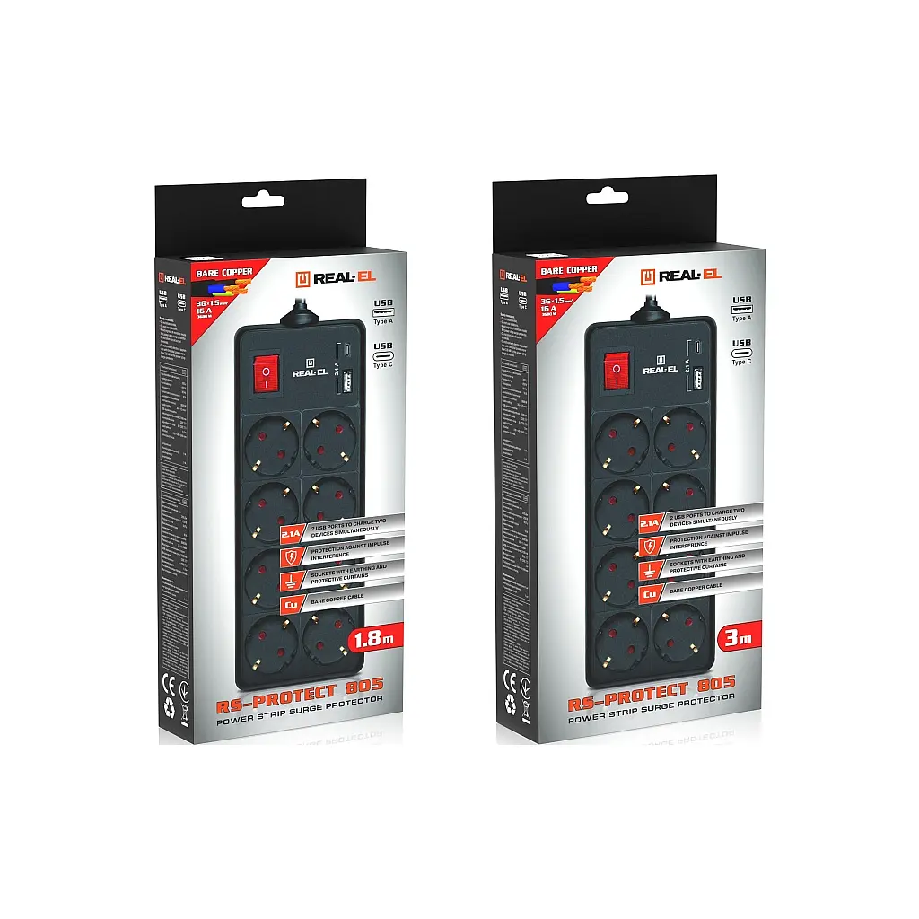 Мережевий фільтр живлення REAL-EL RS-PROTECT 805 3m, black (EL122300043) - фото 2