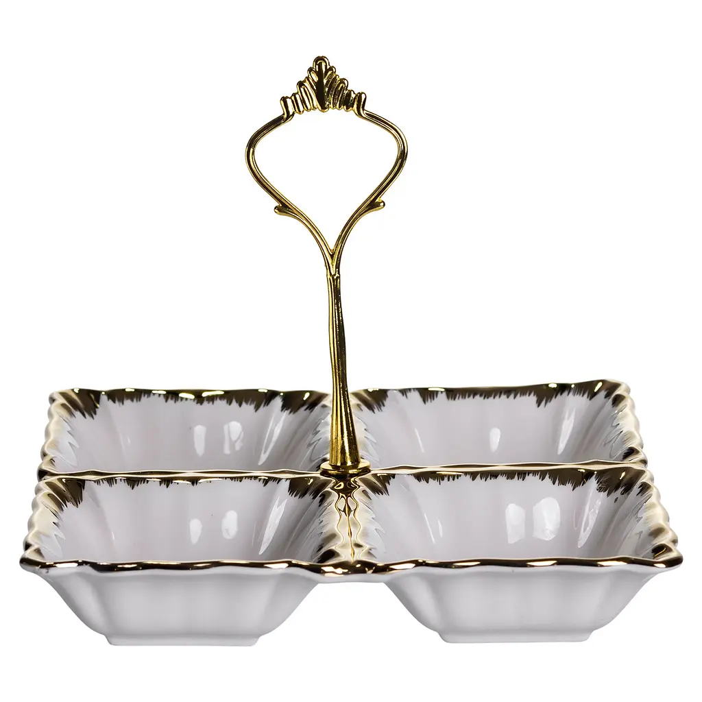 Менажница фарфоровая на 4 секции для закусок 18×18×3 (см) Белый с золотом Yiwu LC-BYL-100 - фото 3