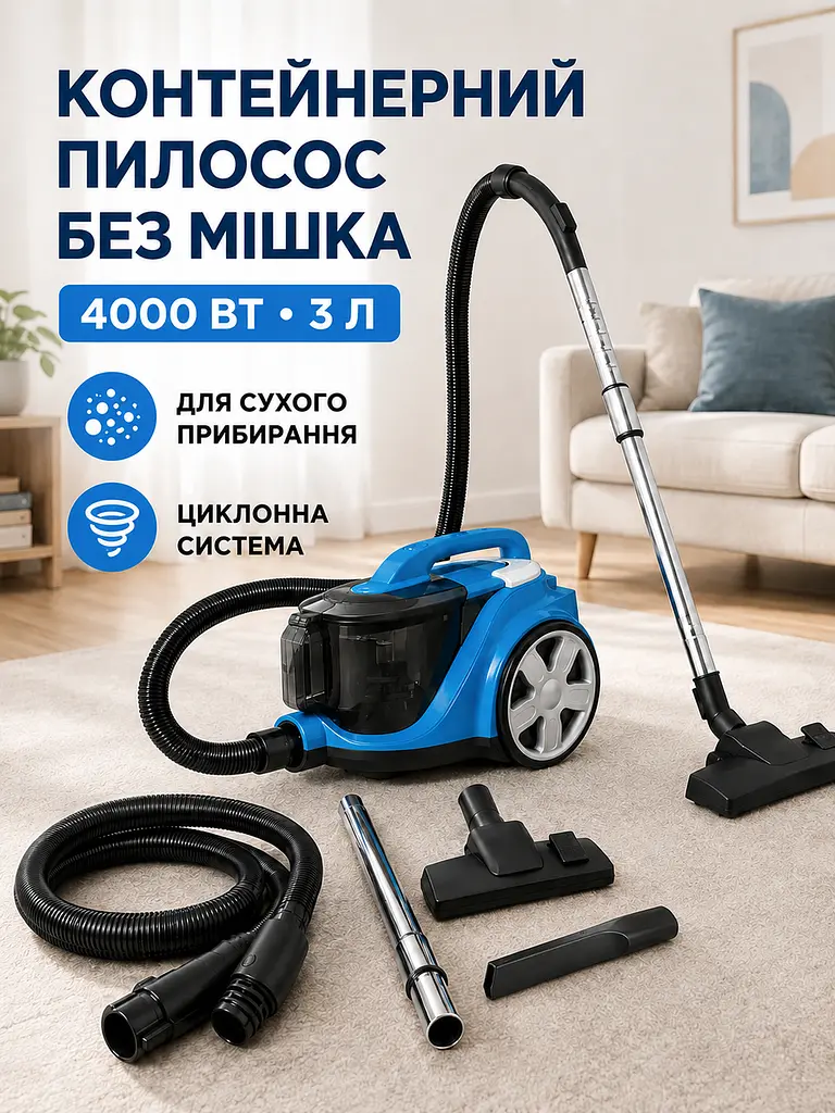 Пылесос без мешка 4000 Вт 3 л с циклонной системой и телескопической трубой для сухой уборки, синий (49676377) - фото 2