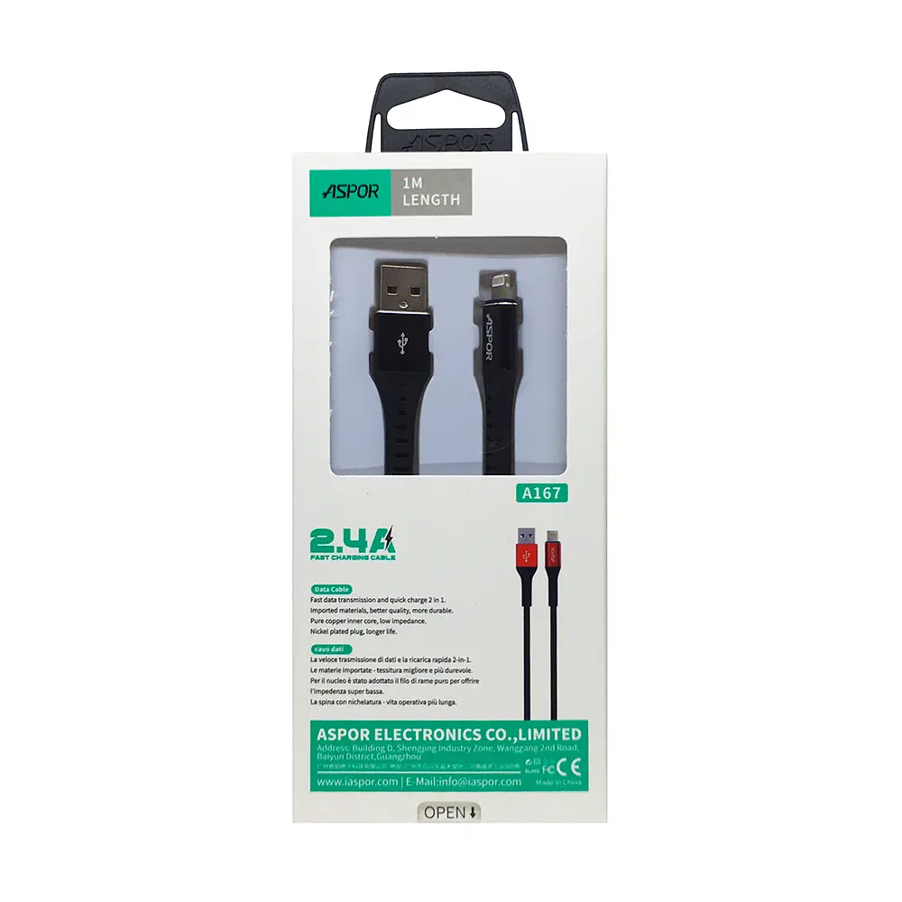 Кабель Aspor A167 USB – Lightning 2.4A/1м- чорний - фото 2