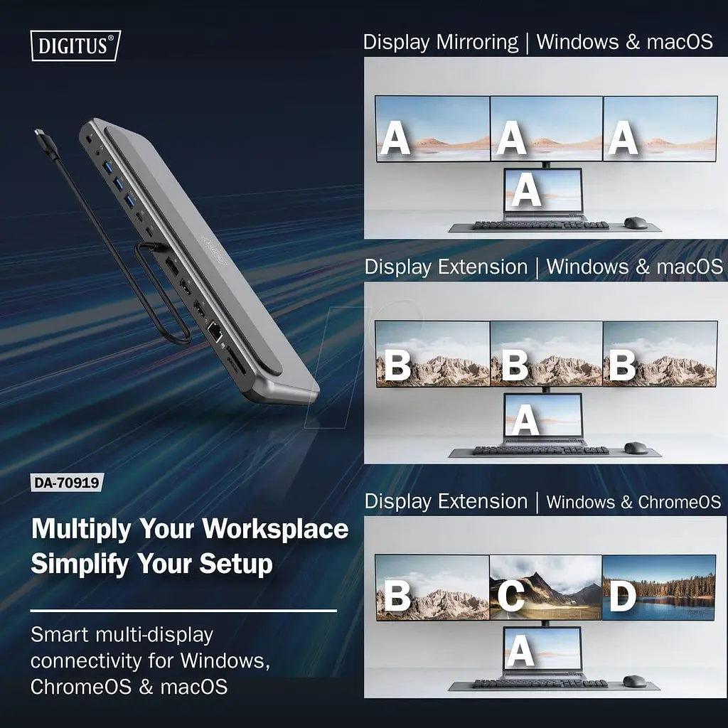 Док-станція Digitus USB-C 2xHDMI/1xDP/3xUSB-A/USB-C/RJ54/PD/Audio (DA-70919) - фото 7