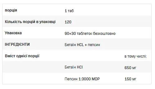 Бетаин HCL+пепсин SFD Nutrition Betaine HCL+Pepsin 120 капсул - фото 2