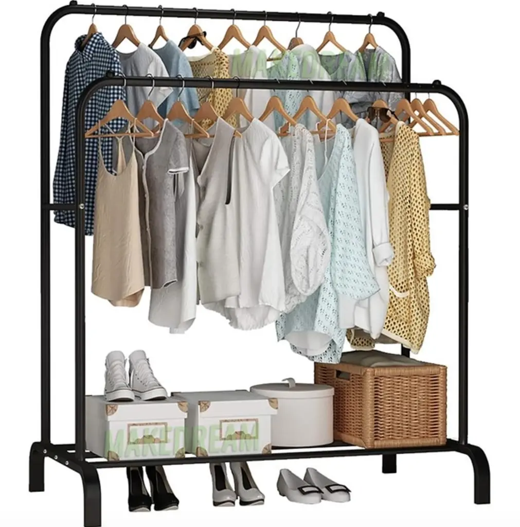Подвійна стійка вішалка для одягу та взуття Loft Rack підлогова сталева з полицею Black - фото 2