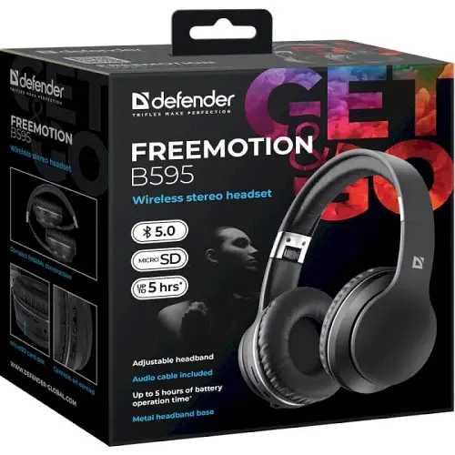Навушники бездротові Defender FreeMotion B595, Black, Bluetooth, USB-C, мікрофон, 32 Ом, 115 дБ, microSD, час роботи до 5 годин, радіус дії до 10 м (63595) - фото 6